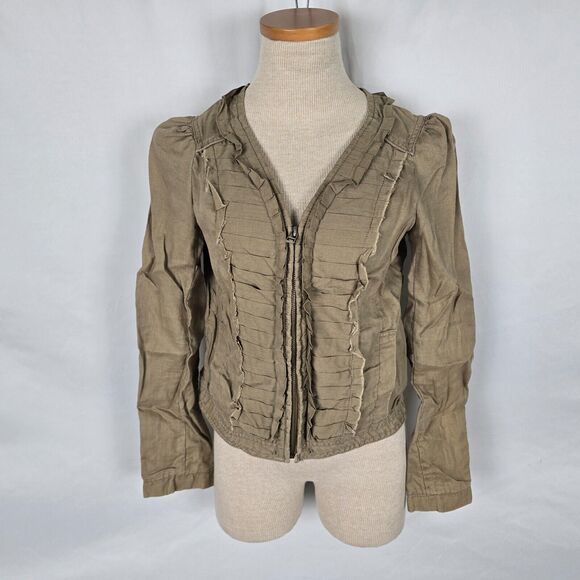 Hei Hei Anthropologie Jacket Women's 2 Olive Ruffles Zip Up Crop Pearl Buttons - Picture 1 of 10